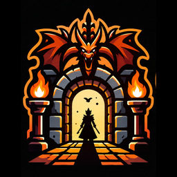 The Dungeoneer bot's badge: a dragon over a torchlit gate